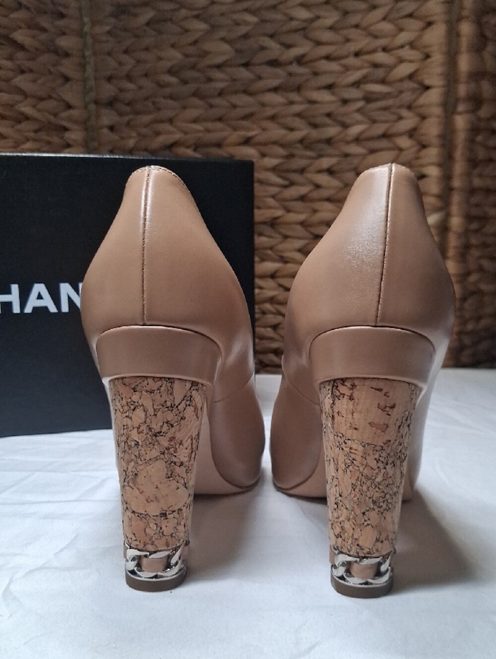 CHANEL Beige Leather Peep-Toe Pumps with Embellished Block Heel - Picture 3 of 12